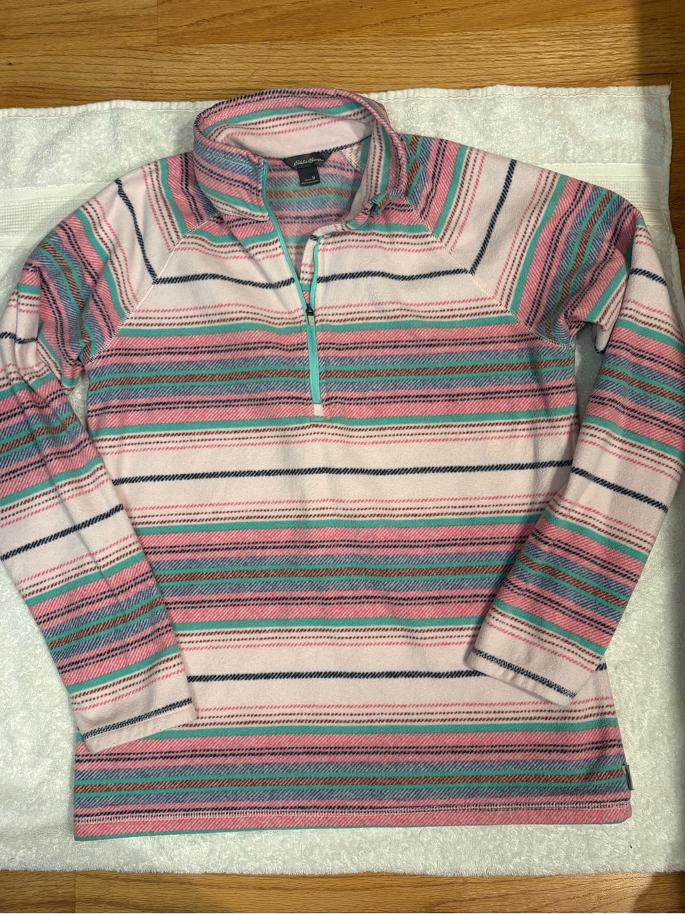 Eddie Bauer Pink, Teal and Navy Striped Fleece zip up